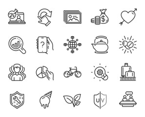 Vector set of Leaves, Pie chart and Medical drugs line icons set. Group, Rotation gesture and Seo analysis icons. Bicycle, Innovation and Teapot signs. Uv protection, Love and Ice cream. Vector