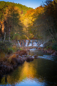 Mestres weir of Piscaredo hiking path on an autumn fall landscape with Cabril river at sunset in Mondim de Basto, Portugal