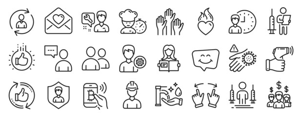 Fototapeta na wymiar Set of People icons, such as Users, Love letter, Person info icons. Voting hands, Bitcoin pay, Smile chat signs. Repairman, Working hours, Foreman. Move gesture, Wash hand, Users chat. Vector