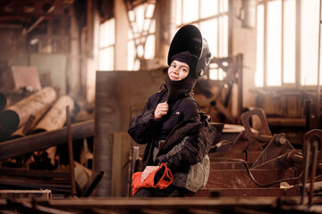 Portrait beautiful woman welder background industry factory workplace