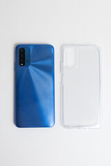 New cellphone with transparent cover over isolated white background