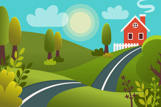 Spring background. Green lawn with house, road, meadow, flowers, foliage, trees, sky, cloud, grass. Nature landscape template.  Summer spring design  for banner, Poster, card. Vector cartoon style