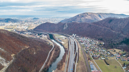 Fototapeta premium Aerial view of the highway A9 Phyrn north of Graz with Raach and the beginning of the so called Plabutschtunnel