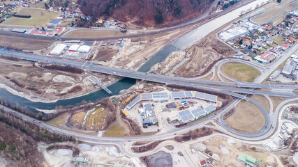 Aerial view of construction works for a new water power plant in Gratkorn near Graz