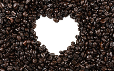 abstract coffee beans isolated on white background In the shape of a heart, Valentine's Day
