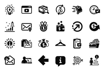 Vector Set of simple icons related to Verified mail, Dollar exchange and Cloakroom icons. Push cart, Left arrow and Info signs. Direction, Target and Select alarm. Online education, Burger. Vector