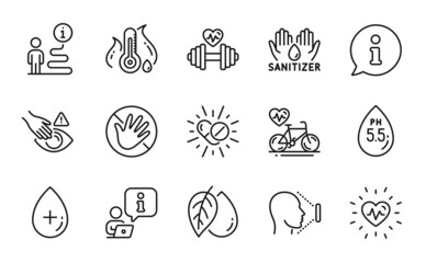 Healthcare icons set. Included icon as Heartbeat, Do not touch, Dumbbell signs. Mineral oil, Medical drugs, Face id symbols. Oil serum, Fever temperature, Cardio bike. Dont touch. Vector