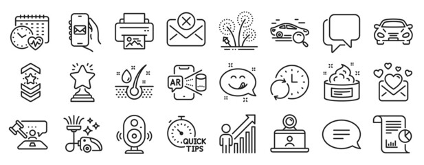 Set of Business icons, such as Mail app, Speaker, Quick tips icons. Print image, Yummy smile, Vacuum cleaner signs. Employee result, Reject mail, Shoulder strap. Skin cream, Talk bubble. Vector