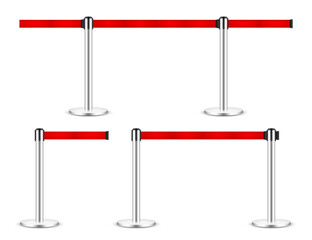 Obraz premium Realistic vector retractable belt stanchion. Crowd control barrier posts with caution strap. Queue lines. Restriction border and danger tape.