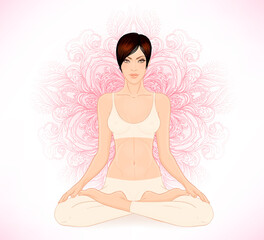 Beautiful Caucasian Brunette Girl sitting in Lotus pose with ornate mandala on background. Vector illustration. Spa consent, yoga studio, or natural medicine clinic