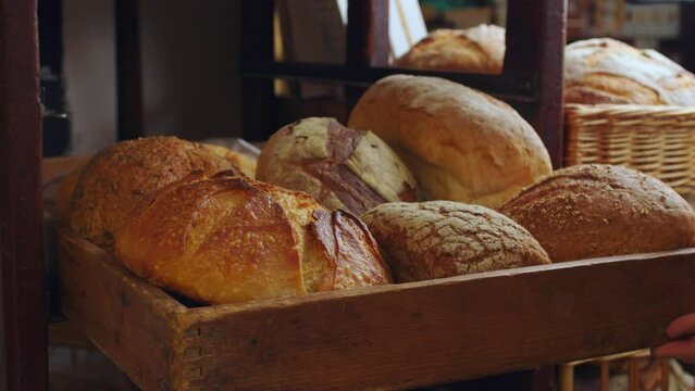 Selection Of Organic Bread Loaves On Display In Bakery