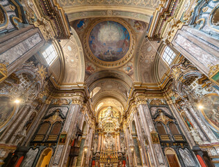 Bra, Cuneo, Piedmont, Italy - October 28, 2021: interior of the parish church of Sant Andrea...