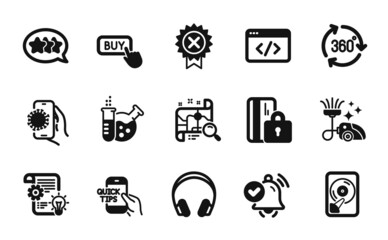 Vector set of Seo script, Notification received and Blocked card icons simple set. 360 degree, Stars and Cogwheel icons. Headphones, Buy button and Hdd signs. Seo script simple web symbol. Vector