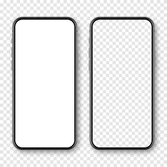 Realistic smartphone with blank touch screen on checkered background. Frameless mobile phone in front view. High quality detailed device mockup. Vector illustration.