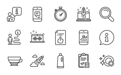 Line icons set. Included icon as Message, Accounting checklist, Approved document signs. Timer, Start business, Music making symbols. Shampoo, Search, Clean dishes. Smartphone statistics. Vector