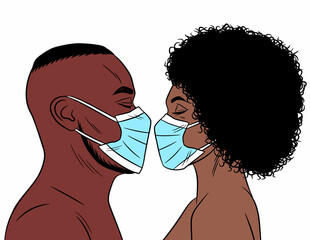 Color vector illustration of a couple in love wearing a protective mask. African American man and woman looking at each other isolated on white background. Conceptual poster against covid.