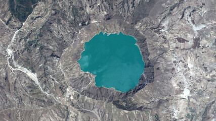 Quilotoa lake, Quilotoa lagoon, looking down aerial view from above, bird’s eye view Quilotoa...