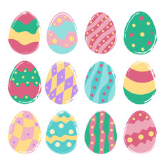 Happy Easter. Set of eggs with different texture on a white background. Brush stroke. Spring holiday