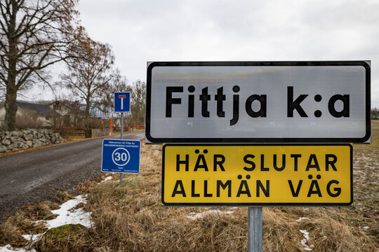 Fittja, Sweden A road sign says in Swedish "Fittja Church, end of the road."