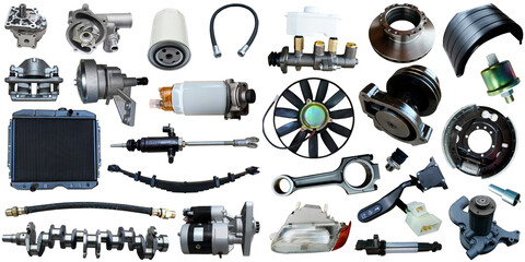 Auto spare parts car on the white background. Set with many isolated items for shop or aftermarket	