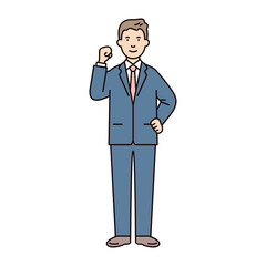 人物_男性_スーツ_全身_腰に手をあて拳を上げる_右手