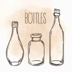 Glass Bottles. Vector illustration.Ink on aged card paper. Kitchen objects doodle style sketch, Black and white drawing isolated on white. Design for coloring book page for adults and kids.