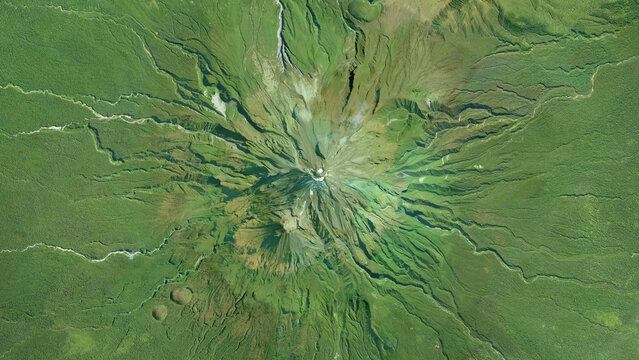 Mount Taranaki, extinct volcano egmont mountain, looking down aerial view from above, bird’s eye view dormant stratovolcano Taranaki Maunga, New Zealand