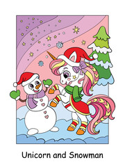 Cute unicorn with a snowman vector color illustration