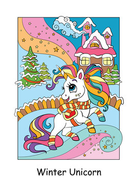 Cute unicorn on a winter background vector illustration