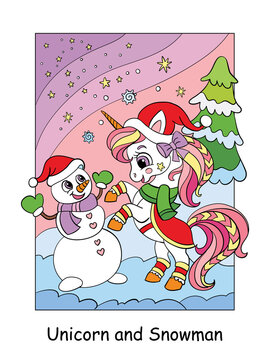 Cute unicorn with a snowman vector color illustration
