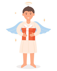 Cute little angel boy holding a gift box in his hands. Angel's day. Vector illustration in flat style