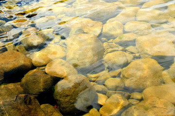 Rocks under water in a lake at evening