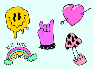 Set of cute illustrations for flash tattoo or sticker pack. Melting face, heart with arrow, rainbow, mushroom.