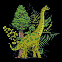 Brachiosaurus dinosaur hand drawn. Vector illustration. Herbivorous dinosaur.