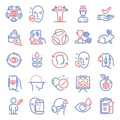 Healthcare icons set. Included icon as Animal tested, Dumbbells workout, Leaves signs. Collagen skin, Face id, Health app symbols. Prescription drugs, Vision board, Gluten free. Eye target. Vector