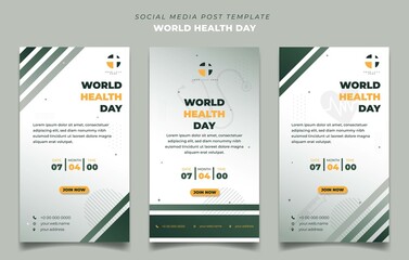 Set of Portrait social media post template for world health day with white and green background. Social media template with medical exam background.
