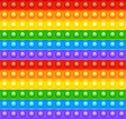 Colorful silicone anti-stress pop it toy texture, pattern. Trendy sensory game for children. Rainbow push pop fidget toy with brightly colored popping bubbles. Vector illustration