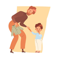 Father holding his son by hand helping him to put on jacket vector illustration