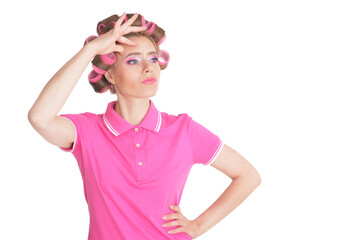 Portrait of beautiful woman with hair curlers