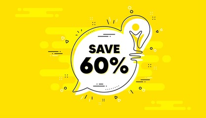 Save 60 percent off. Idea yellow chat bubble banner. Sale Discount offer price sign. Special offer symbol. Discount chat message lightbulb. Idea light bulb background. Vector