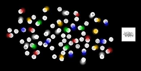 Glare net fog particles with multicolored light spots. Illuminated vector carcass created from fog particles symbol. Sparkle carcass polygonal fog particles, on a black backgound.