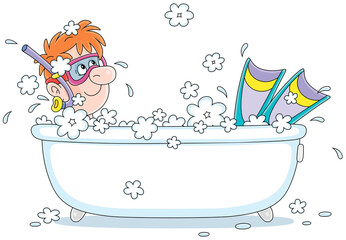 Funny boy diver with a mask, a snorkel and flippers dreaming in a bubble bath and planning his summer vacation, vector cartoon illustration isolated on white background