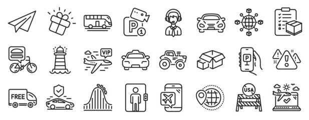Set of Transportation icons, such as Parking security, Tractor, Shipping support icons. Gift, Lighthouse, Roller coaster signs. Flight mode, Elevator, Logistics network. Bus tour, Car. Vector