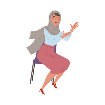 Young woman sitting on chair arguing and gesturing vector illustration