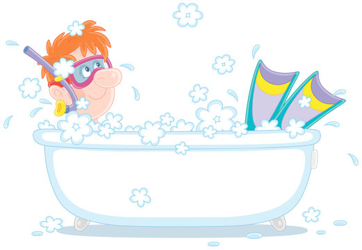 Funny boy diver with a mask, a snorkel and flippers dreaming in a bubble bath and planning his summer vacation, vector cartoon illustration isolated on white background