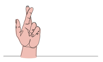 Crossed fingers hand gesture. When liar tries to hide the truth sign. One continuous line art drawing vector illustration of arm with crossed fingers