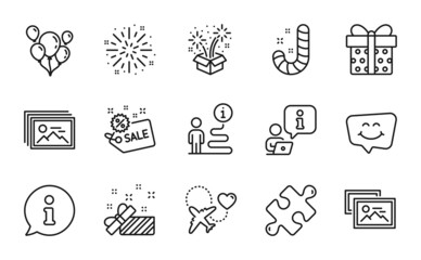 Holidays icons set. Included icon as Balloons, Image gallery, Present signs. Fireworks explosion, Smile chat, Fireworks symbols. Puzzle, Photo album, Gift box. Sale, Honeymoon travel. Vector
