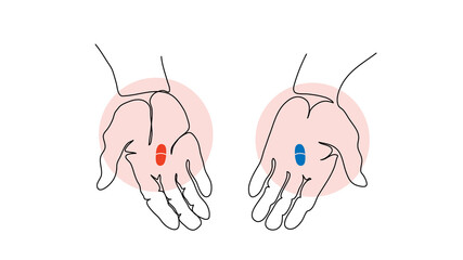Concept of choice. Blue and red pills in two hands like in matrix. One continuous line art drawing vector illustration