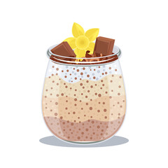 Tiramisu Chia pudding layered with coffe, cocoa, creamy vanilla layers topped with whipped cream and cocoa powder, decorated with shokolate and vanilla flower in glass jar. Delicious italian dessert