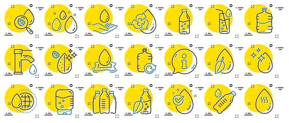 Water drop line icons. Set of Bottle, Antibacterial filter and Tap water linear icons. Bacteria, Cooler and Refill barrel bottle. Liquid drop, antibacterial cleaner and drink machine, tap. Vector